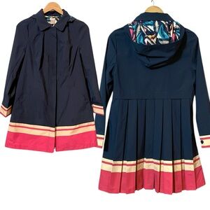 Chico's Pleated Striped Hem Rain Jacket Navy Blue Beige & Pink Stripes Size S